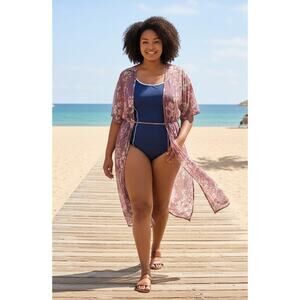 Cacia Floral Sheer Swim Cover Up 3X Pink Kimono Duster Floral Boho Resort